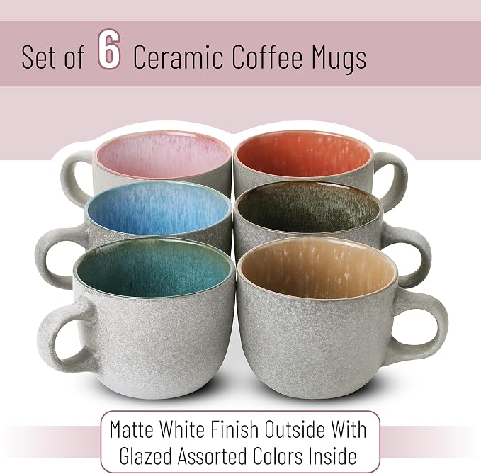 BTaT- Porcelain Coffee Mugs Set, 14 oz (415 ml), 6 Pack, Ceramic Coffee Mugs, Matte White Outside and Colorful Inside, Restaurant Cups for Tea, Cappuccino, Cocoa, Cereal, Mug Gift Set, Dishwasher Safe - Image 3