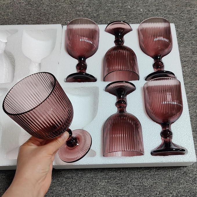 Taganov Purple Glasses Drinking Water Goblets set of 6 Colored Wine Glasses 13oz Pink Vintage Glassware for Wedding Party Bar Vertical Line Embossed Pattern Stemmed Cups 400ml - Image 8