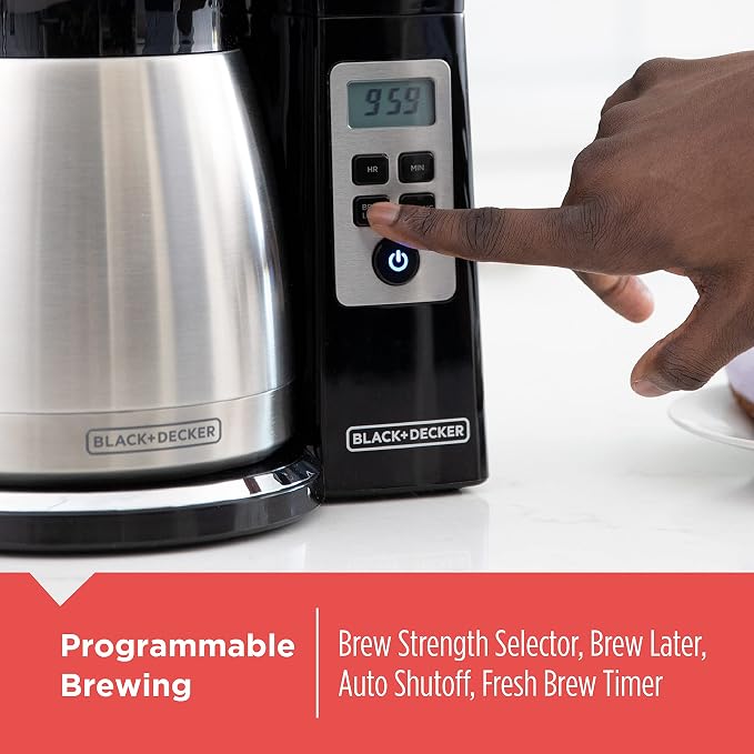 BLACK+DECKER 12 Cup Thermal Programmable Coffee Maker with Brew Strength and VORTEX Technology, Black/Steel, CM2046S | Programmable coffee maker with Vortex showerhead, brew strength control and mess-free Perfect Pour spout. - Image 5