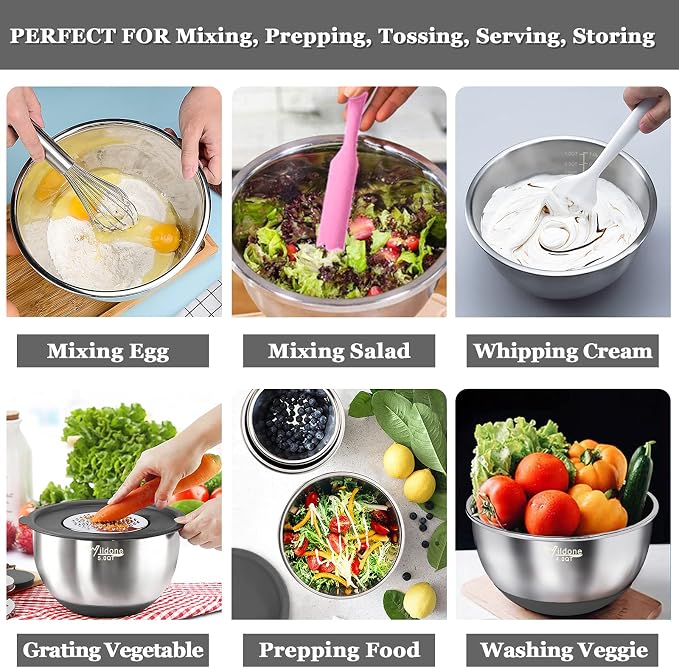 Wildone Mixing Bowls with Airtight Lids, Stainless Steel Mixing Bowls Set | Metal Bowls with 3 Grater Attachments & Non-Slip Bottoms, Size 5, 4, 3, 2,1.5, 0.63QT, Includes Utensil Set for Prep, Gray - Image 4