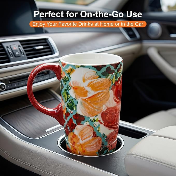 Topadorn 17oz Ceramic Travel Mug with Lid, Colorful Floral Coffee Mug | Artistic Ceramic Travel Cup, Microwave & Dishwasher Safe, Gift Box Included - Image 5