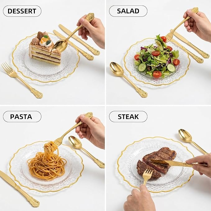 N9R 300pcs Gold Plastic Silverware Dinnerware Flatware- Heavyweight Plastic Cutlery Set, 100 Forks, 100 Spoons, 100 Knives, Gold Utensils for Party, Thanksgiving, Christmas | 100 Fancy Forks, Spoons, Knives, Heavy Duty, BPA-Free, for Party, Weddings, B... - Image 4