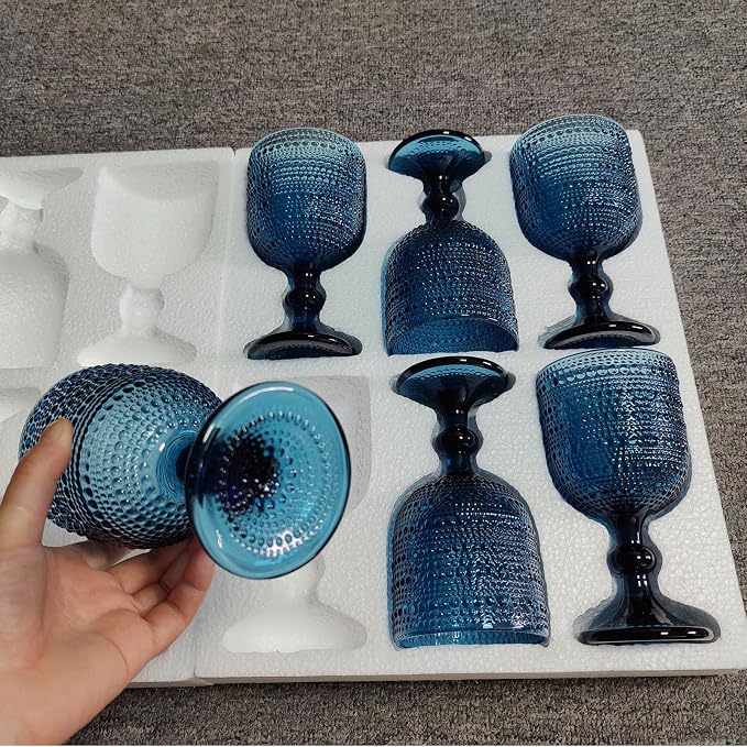 Taganov Glasses Drinking Wine Water Goblets Glassware set of 6 Vintage Stem Glasses Stemware 12 Ounces for Wedding Party Bar Twill Pattern Striped 350 ml (Blue) - Image 4