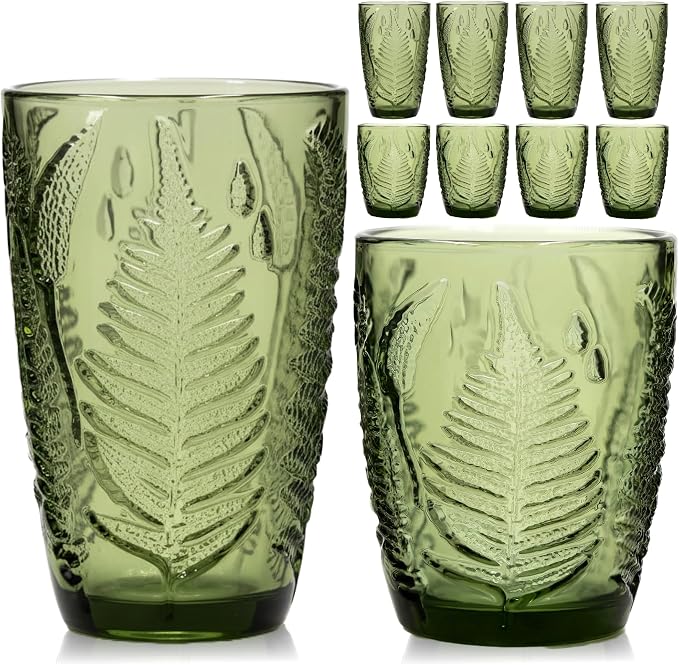Green Drinking Glasses Set of 8 - 12 & 10 oz, Vintage Boho Fern Glass Cups | Hand-Pressed, Dishwasher Safe, Leaf-Textured Glassware, Colored Embossed Highball & Lowball Tumblers for Water, Retro Kitchen by QELVIO
