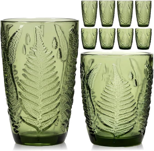 Green Drinking Glasses Set of 8 - 12 & 10 oz, Vintage Boho Fern Glass Cups | Hand-Pressed, Dishwasher Safe, Leaf-Textured Glassware, Colored Embossed Highball & Lowball Tumblers for Water, Retro Kitchen by QELVIO