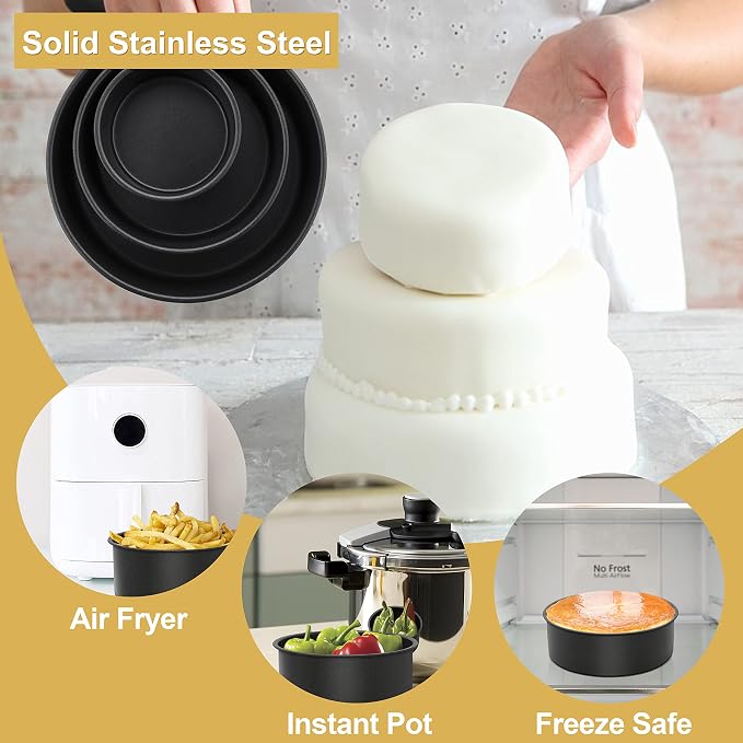 E-far Deep Cake Pan Set of 3 (4/6/8 Inch), Nonstick Stainless Steel Round Cake Pans Tins for Baking Layer Wedding Cakes, Stainless Steel Core & Nontoxic Coating, Deep & Straight Side - Image 5