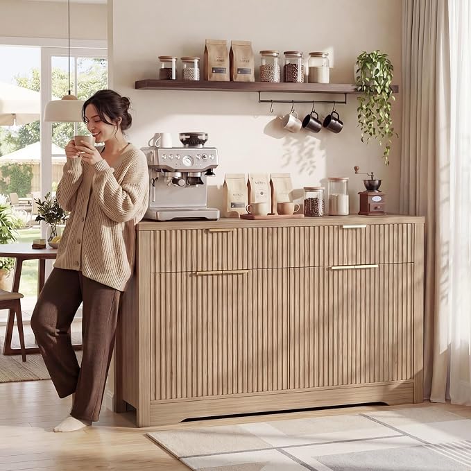Cyclysio 55" Fluted Buffet Cabinet with Drawers, Modern Sideboard Credenza with Adjustable Shelves, Coffee Bar Table with Storage for Dining Room, Entryway, Kitchen, Natural Oak - Image 2