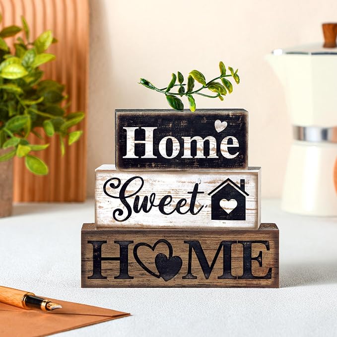 Moucuny 4 Pcs Farmhouse Wooden Tabletop Decor Farmhouse Tiered Tray Decor Rustic Eucalyptus Leaves Wood Block Sign Gift Sweet Home Centerpiece Home Table Decortion - Image 4