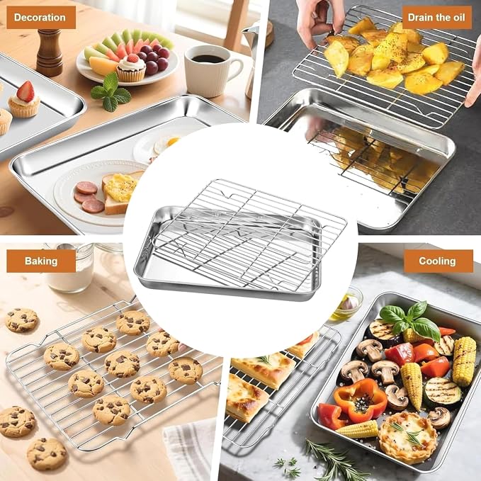 Stainless Steel Baking Sheet with Non-Stick Coating, Stackable Wire Rack for Indoor Outdoor Cooking, Baking, Grilling, Airflow Circulation Rack, Square Baking Tray for Cookies, Pastries, Vegetables - Image 3