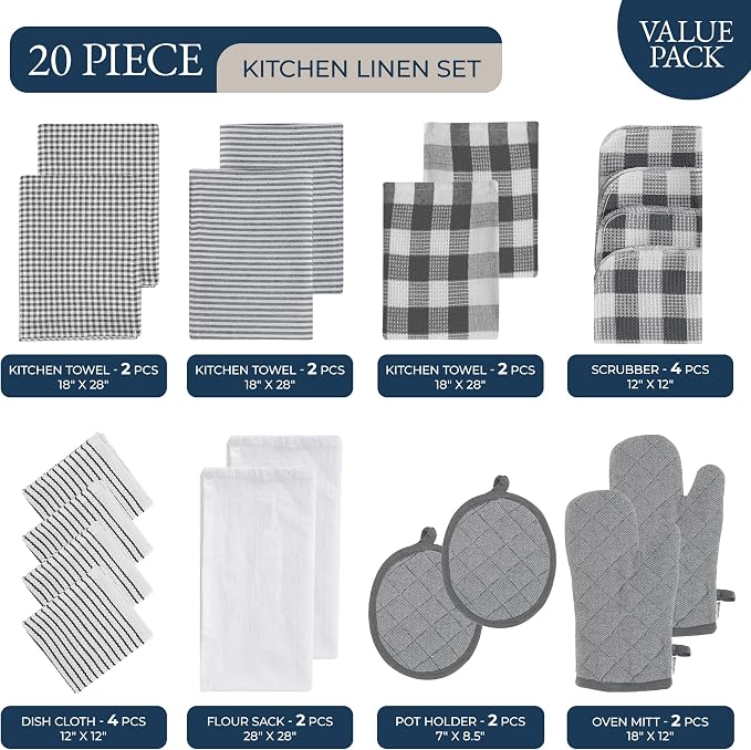 LANE LINEN Kitchen Towels and Oven Mitt Set 20 Pc - Lint Free Cotton Dish Towels for Kitchen Drying, Cozy Terry Dish Rags, Flour Sack Towels for Sourdough Bread Proofing & Quilted Pot Holders - Grey - Image 2