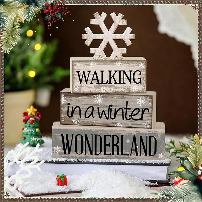 Moucuny 4 Pcs Christmas Table Decorations Wooden Snowflake Decor Winter Tiered Tray Decor Rustic Snow Signs Block Gift Farmhouse Christmas Centerpiece for Wonderland Party Kitchen Shelf Home - Image 2