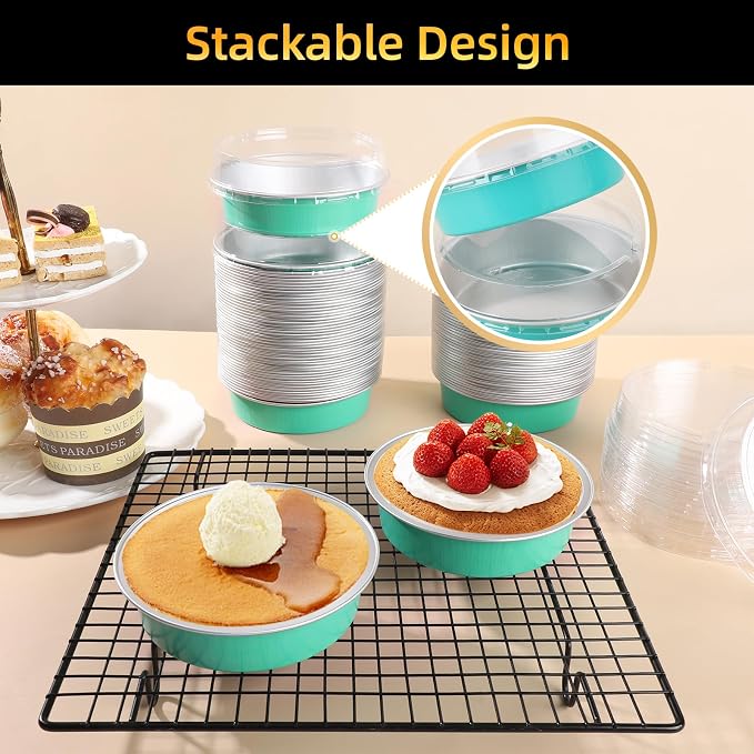 Beasea Mini Pie Pans with Lids, 120 Pack 4 Inch 8oz Disposable Mini Cake Pans Creme Brulee Aluminum Foil Pie Tart Ramekins Tins Elegant Blue Small Individual Round Containers Oven Safe for Baking - Image 6