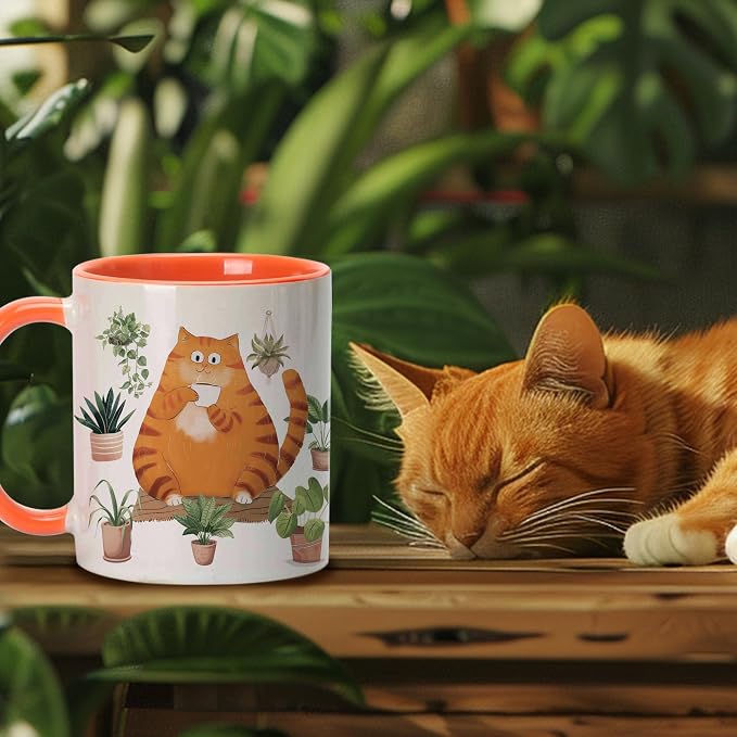 Hyturtle Cute Orange Cat Coffee Mug Gifts For Cat Mom, Plant Decor Gifts | Birthday Christmas Gift for Plant Lovers, Gardeners, Premium 11oz Two Tone Orange Ceramic Tea Cup, Perfect for Daily Drinks - Image 4