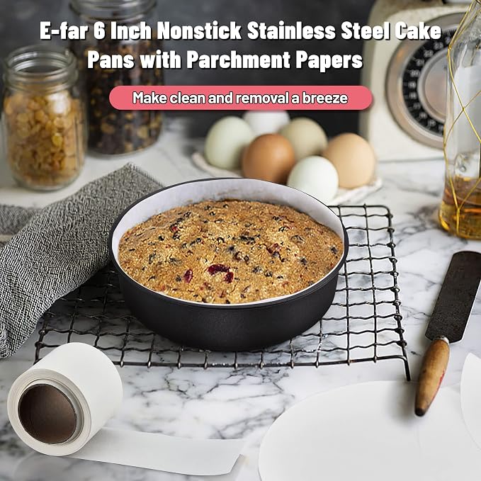 E-far 6 Inch Cake Pans Set of 2, Nonstick Stainless Steel Small Round Baking Pans with Parchment Paper & Side Liner Roll, Stainless Steel Core & Non-toxic Coating, Straight Side & 2 Inch Deep - Image 6