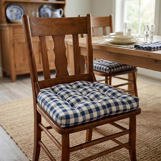 Barnett Home Decor Dining Chair Cushions with Ties – Small 15 x 17 - Latex Foam Fill, 100% Cotton, Machine Washable Chair Pads for Kitchen Chairs, Made in USA (Classic Check Navy Blue/Pack of 2) - Image 2