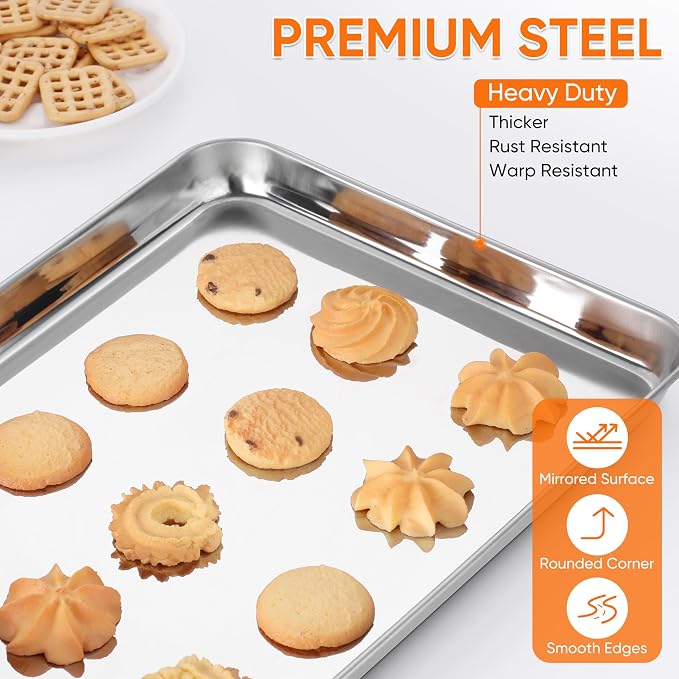 LIANYU Stainless Steel Baking Sheets, 16/12.4/9.2In Cookie Sheet Pan 3Pack | Jelly Roll/ Quarter Sheet/ Eighth Sheet, Toaster Oven Pan Cookie Baking Tray, Non Toxic, Heavy Duty, Dishwasher Safe - Image 3