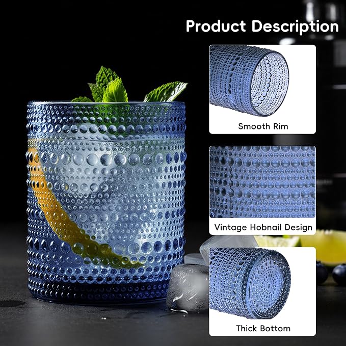 Moretoes Blue Hobnail Drinking Glasses Set of 6, Vintage Glass Cups | 12 Oz Highball Glasses & 10 Oz Cocktail Glasses Embossed Boho Kitchen Bar Tumbler Glassware for Whiskey Beer Juice Milk - Image 5