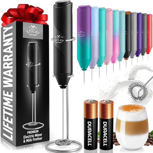 Zulay Kitchen Powerful Milk Frother AA Batteries Included – Ultra Fast Handheld Drink Mixer with Stainless Steel Whisk Stirrer for Coffee, Protein, Matcha & More, Frother Wand Electric Frothmate by ZulayKitchen