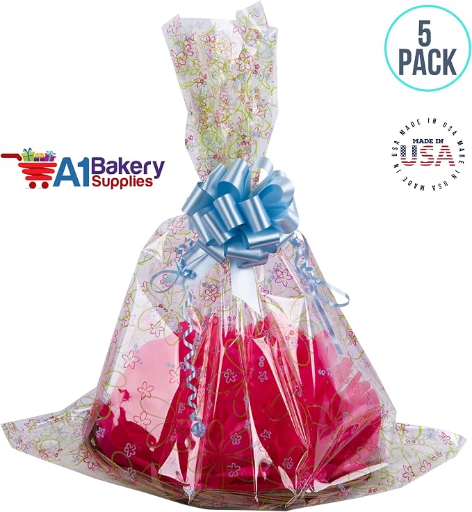 A1 Bakery Supplies BOPP Clear Cellophane Bags 10 Pack - 24x30 Inches Blooms Design | Perfect for Gift Baskets, Wine Bottles, Small Baskets, Mugs, and Gifts | Flat Gift Bags for Elegant Packaging - Image 2