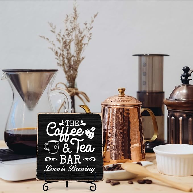 Coffee Bar Sign, Love is Brewing Farmhouse Tabletop Decor, Coffee and Tea Lover Gifts, 5x5 Wood Plaque with Iron Stand for Home Kitchen Cafe, Coffee Bar Decor – L01 - Image 7