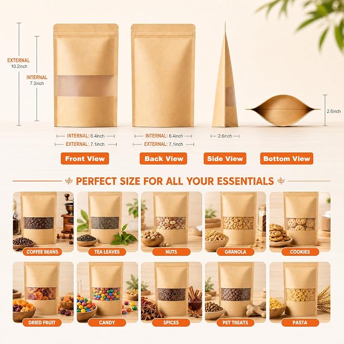 100 Pcs Kraft Paper Bags with Window, 7.1" x 10.2" Stand Up Pouches Bags, Food Storage Bags for Packaging Products, Reusable, Sealable - Image 2