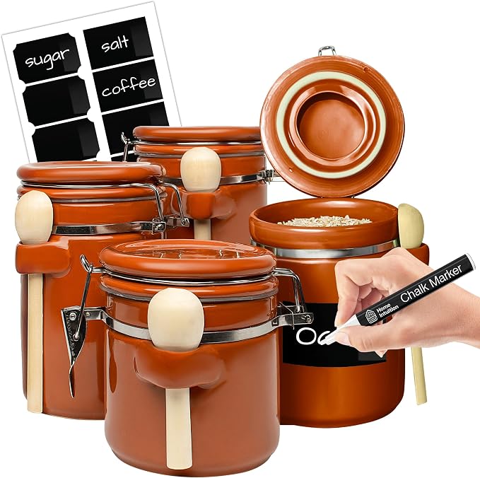 Home Intuition Ceramic Kitchen Canisters Set of 4 with Wooden Spoon Set – Airtight Containers, Metal Latches for Utmost Freshness – Sugar, Coffee, Flour, Tea & More | Rust by HomeIntuition