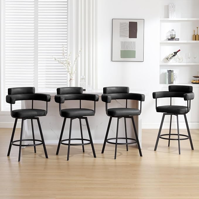 Flouki Swivel Bar Stools with Backs and Arms, Modern Faux Leather Counter Stools Set of 4 for Kitchen Island, 26" Upholstered Counter Height Bar Stools for Kitchen Counter, Dining Room, Black by Flouki