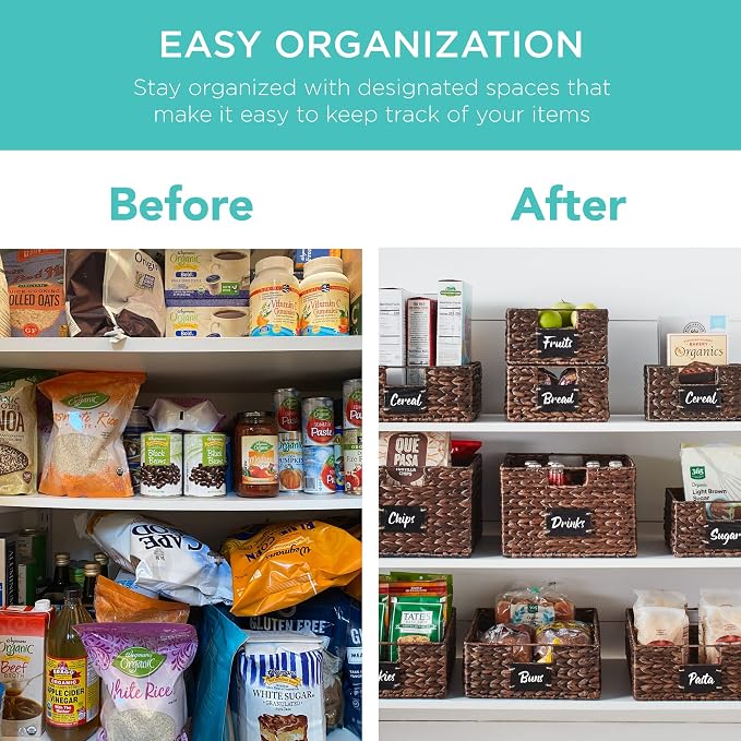 Best Choice Products Set of 4 16x12in Large Water Hyacinth Pantry Baskets, Woven Organizers w/Chalkboard Label, Chalk Marker - Brown - Image 3