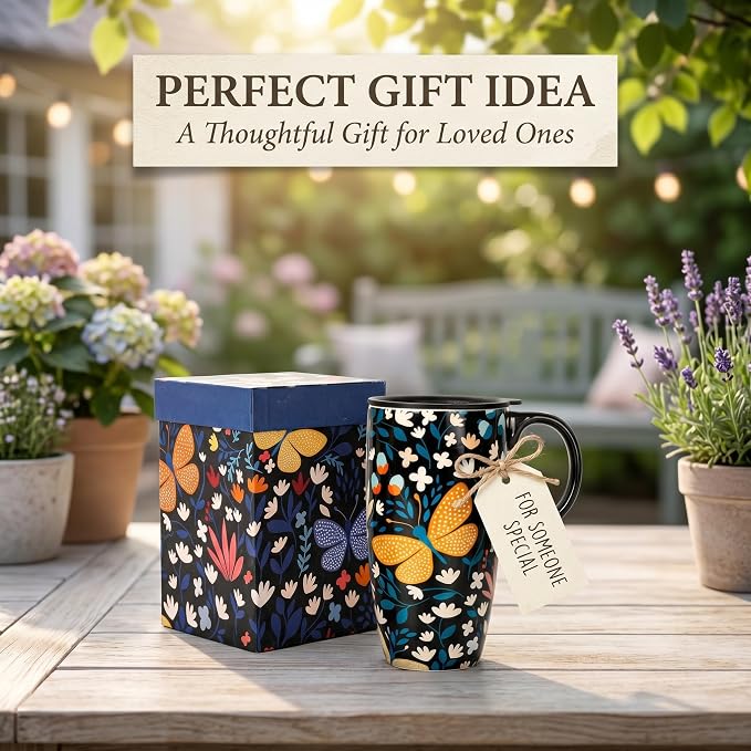 Topadorn 17oz Ceramic Travel Mug, Butterfly Coffee Mug with Gift Box | Large Floral Coffee Cup, Microwave & Dishwasher Safe Ceramic Travel Cup, Butterfly - Image 6