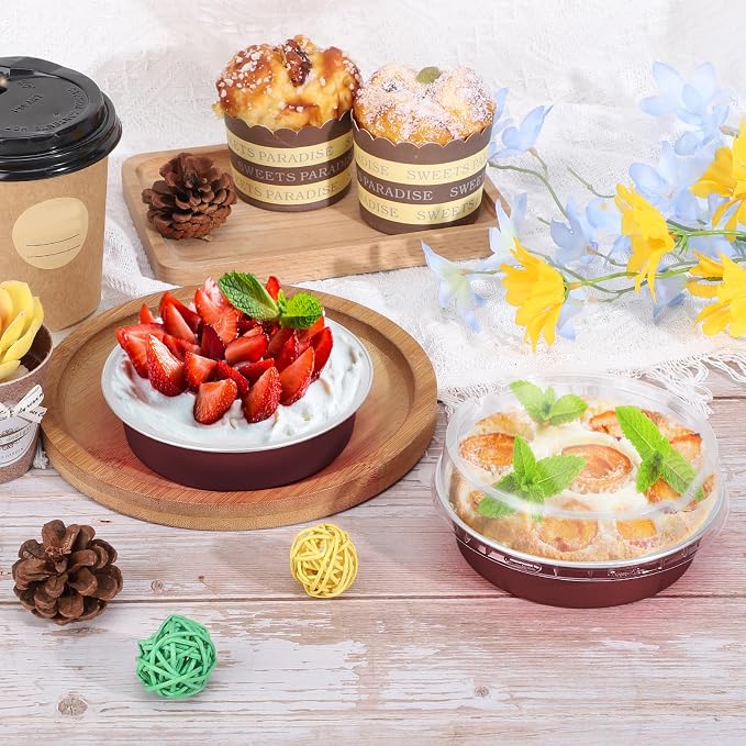 Beasea Disposable Mini Pie Tins with Lids, 50 Pack 4” 7.3oz 215ml Small Round Aluminum Baking Tart Foil Container for Individual Dessert Cupcake Cheesecake Ramekin Quiche Oven Dishes - Wine Red - Image 4