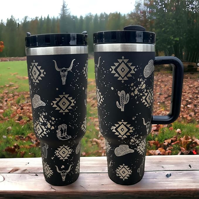 Tumbler, 40oz Tumbler, Western Tumbler, Engraved Cup with Handle, Cute Coffee Mug, 40oz Coffee Mug (Black)