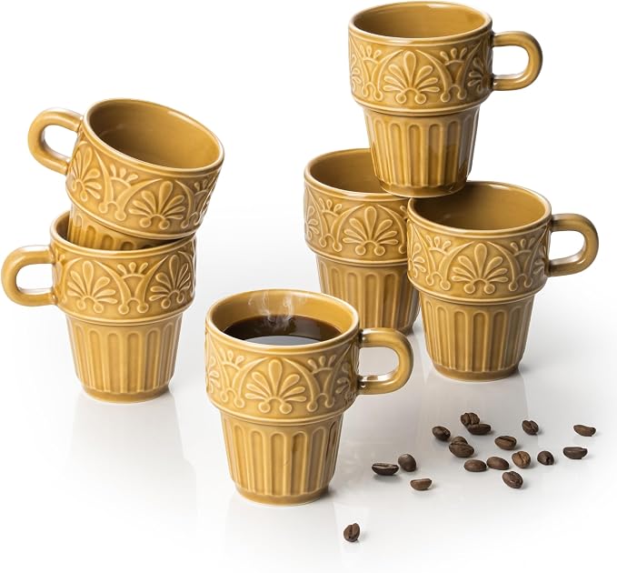 Cappuccino Cups, Espresso Cups, Stackable Mug Set of 6, Ceramic Coffee Mug 6 OZ Khaki for Hot Drinks Milk Dessert, Suitable for Home office Restaurant, Perfect for Holiday & Housewarming Present by LYEOBOH