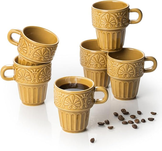 Cappuccino Cups, Espresso Cups, Stackable Mug Set of 6, Ceramic Coffee Mug 6 OZ Khaki for Hot Drinks Milk Dessert, Suitable for Home office Restaurant, Perfect for Holiday & Housewarming Present by LYEOBOH
