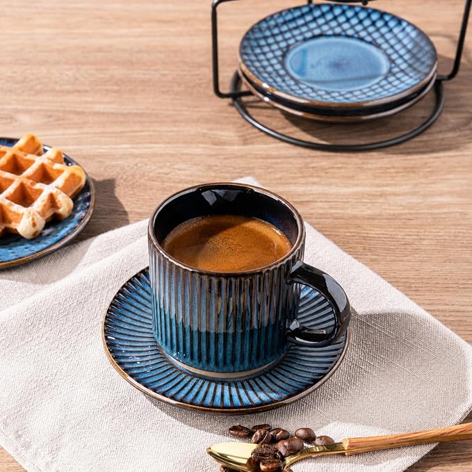 GBhome 6 OZ Stackable Coffee Mugs Set of 4, Ceramic Espresso Coffee Cups | Coffe Cups With Saucer and Stand, Dishwasher&Microwave Safe, 4 Assorted Designs - Image 2