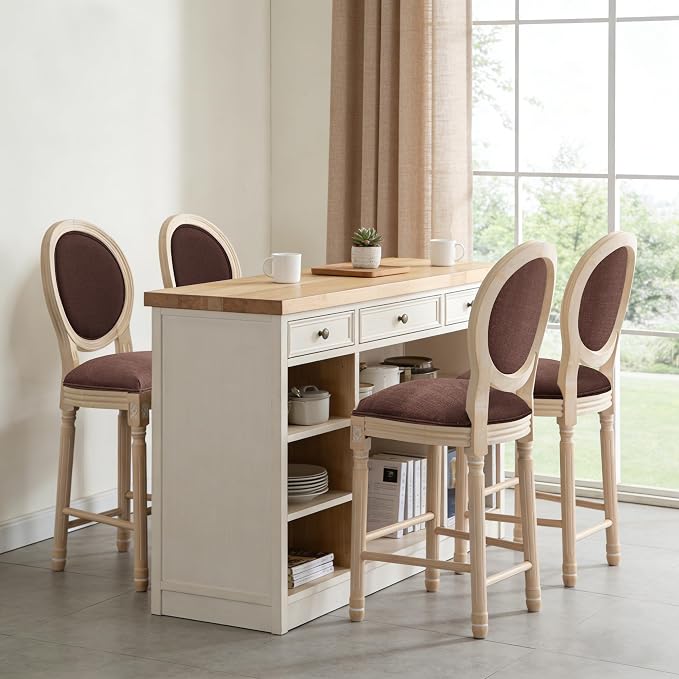 French Country Barstool, Linen Farmhouse Counter Height Chair | Set of 4, with Cushion Round Back and Solid Wood Legs, Oval Chairs for Restaurant, Bar, Kitchen, Café, Brown - Image 2