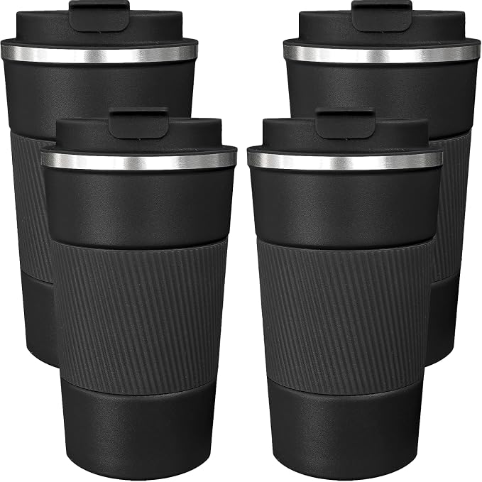 4 Pack Insulated Coffee Mug with Lid 17oz Travel Coffee Tumbler Stainless Steel Reusable Coffee Cups Thermal Coffee Mug for Hot and Iced Cold Drinks, Black by Unknown