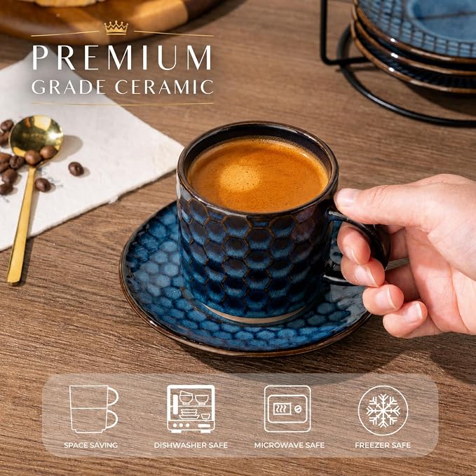 GBhome 6 OZ Stackable Coffee Mugs Set of 4, Ceramic Espresso Coffee Cups | Coffe Cups With Saucer and Stand, Dishwasher&Microwave Safe, 4 Assorted Designs - Image 4