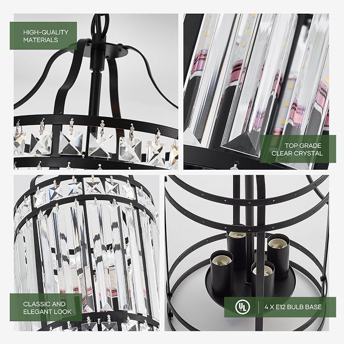 Modern Black Pendant Island Light Fixtures for Kitchen, Luxury Elegant Crystal Small 4-Light Chandeliers for Dining Room, Industrial Cage Hanging Ceiling Lighting for Bedroom Foyer Hallway - Image 7