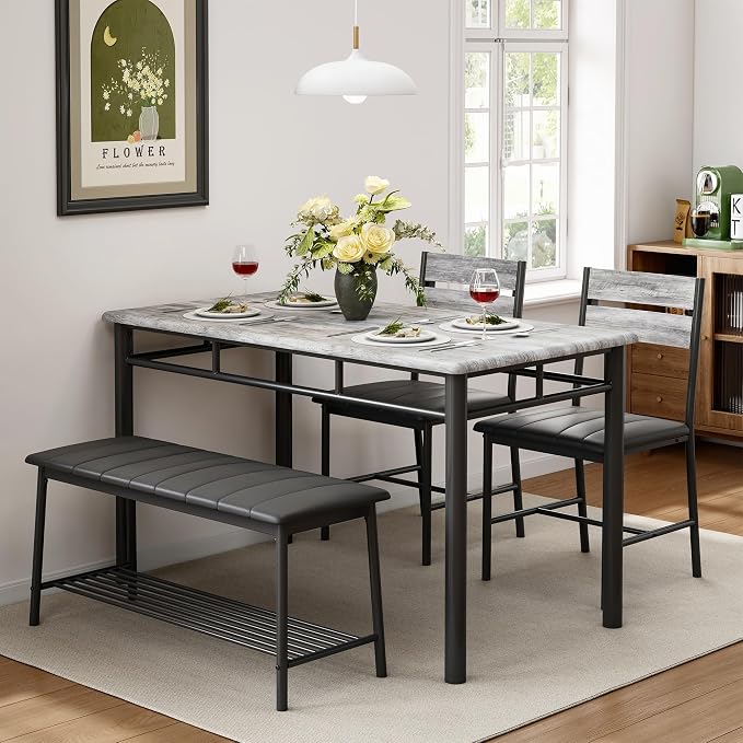 IRONCK Dining Table Set for 4, Kitchen Table and Chairs Set, Gray | Kitchen Table with Upholstered Bench and 2 Chairs for Small Space, Apartment - Image 4