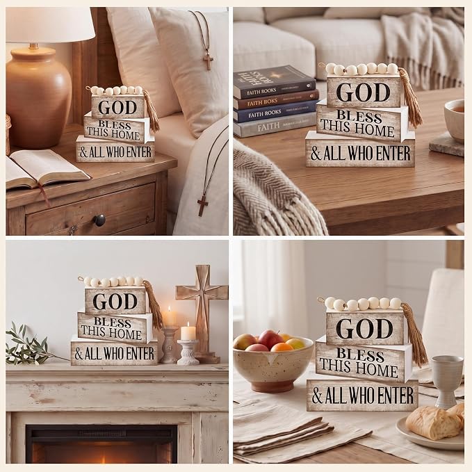 Moucuny 4 Pcs Christian Table Decor Rustic Wooden Block Sign Set with God Bless This Home & All Who Enter Farmhouse Stacked Decor with Beaded Garland Tassel Christian Home Decors for Office, Shelf - Image 5