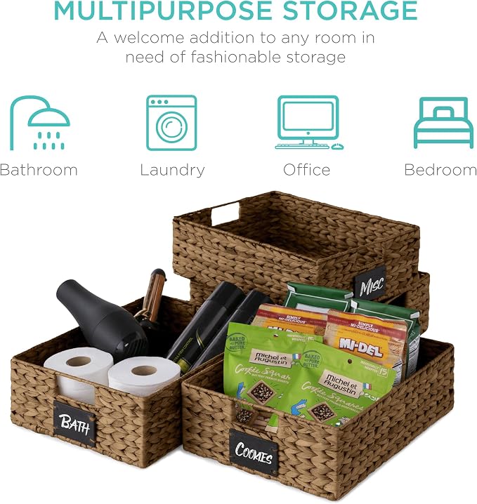 Best Choice Products Set of 4 16x12in Large Water Hyacinth Pantry Baskets, Woven Organizers w/Chalkboard Label, Chalk Marker - Chestnut - Image 6