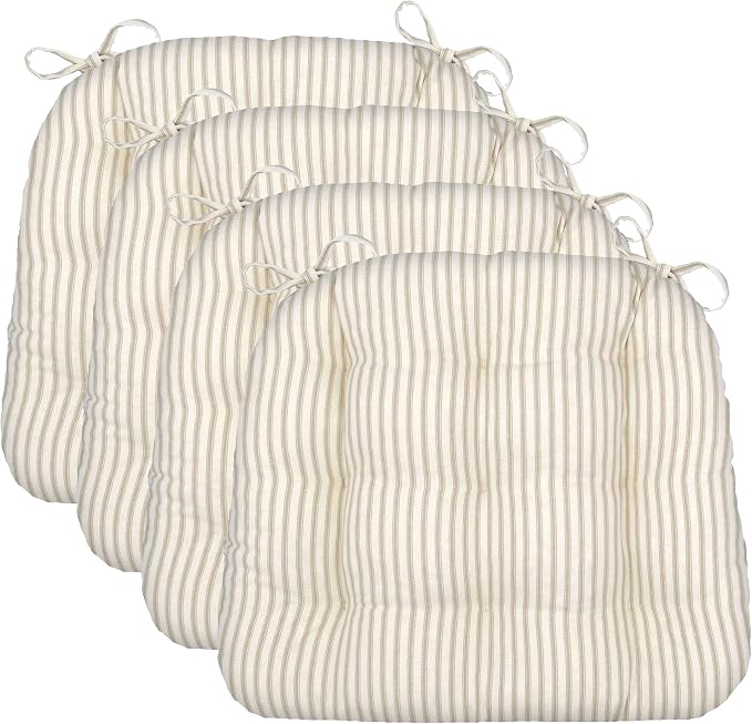 Barnett Home Decor Chair Cushions for Dining Chairs - 15x17 Kitchen Chair Cushions - Machine Washable, 100% Cotton, Made in USA - Latex Foam Comfort Chair Pads - Ticking Stripe Natural Small Pack of 4 by BarnettHomeDecor