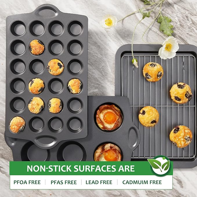 Mini 24 Muffin & Cupcake Pans with 240 Liners, Nonstick, Non-toxic | Heavy-duty Small Cheesecake Tray with Ear Shaped Wider Grips, 1.8dia, Grey, Premium - Image 8