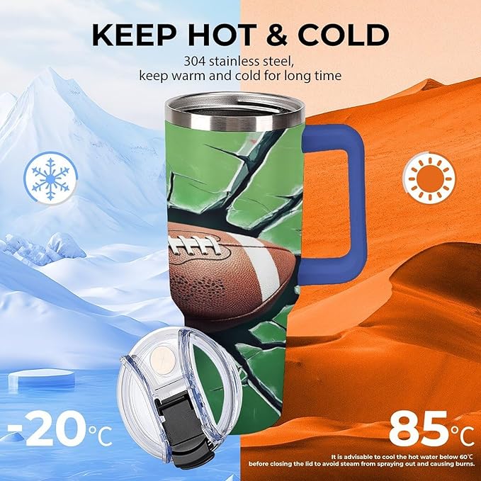Football Impact on Cracked Glass Tumbler with Handle Insulated Water Travel Coffee Mug Bottle with Lid And Straw Stainless Steel Leak Proof Vacuum Insulated Cup 40 OZ