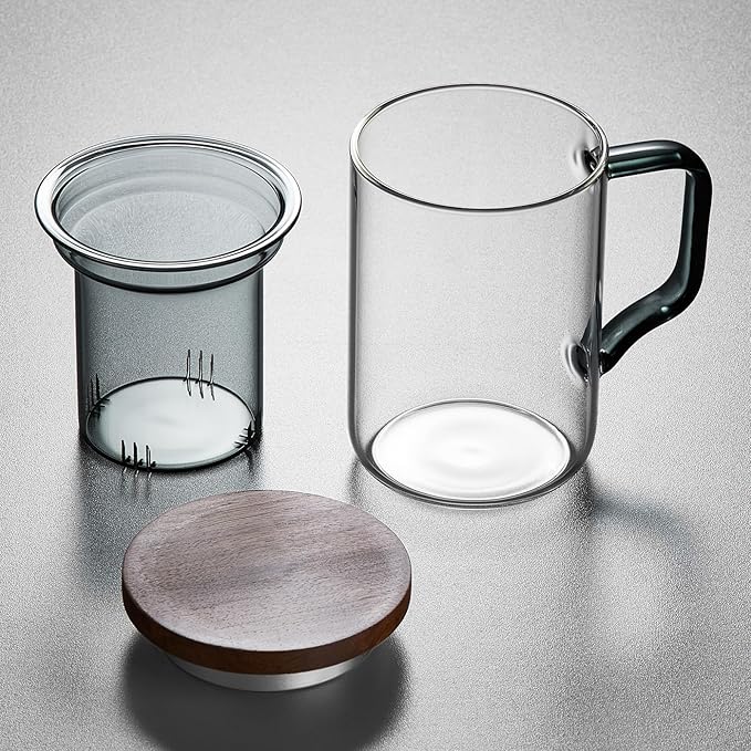 Glass Tea Cup with Infuser and Lid, 14.5oz/430ml Large Borosilicate Teacup, Clear Mug for Loose Leaf Tea,Birthday Gift for Women and Man