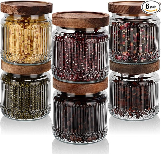 6 Pcs 500ml/17 oz Vintage Glass Storage Jar Glass Containers with Wood Lid Ribbed Pattern Airtight Kitchen Spice Containers for Pantry, Coffee Bean, Grains, Tea, Sugar, Flour, Candy, Oats by Unknown