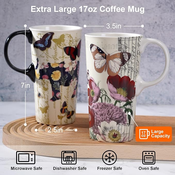 Topadorn 2-Pack 17oz Ceramic Travel Mug with Lids, Butterfly Floral Mugs | Set of 2 Coordinated 17oz Mugs, Vintage Butterfly & Floral Designs, Spill-Resistant Lids, Matching Gift Boxes Included - Image 4