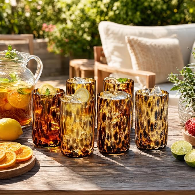 Set of 6 Tortoise Leopard Print Brown Glasses Stylish Stemless Cocktail Cup | 591ml Rocks Glasses Stylish Stemless Cocktail Cups Glass Glassware Tumbler Ideal for Gin, Tequila, Vodka, Soft Drinks - Image 2