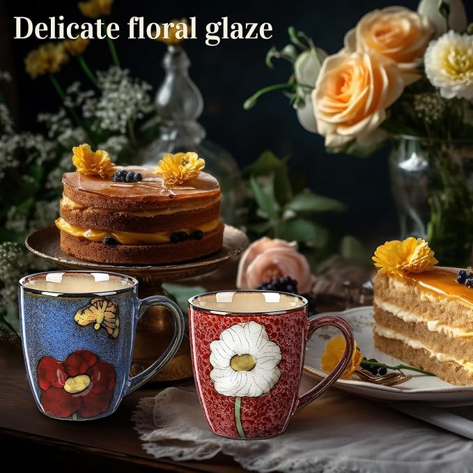 Maxdot 2 Pcs 12oz Ceramic Coffee Mugs Sets Glazing Process Cappuccino Mug Floral Ceramic Tea Cups Idea Gift Set for Women Porcelain Cup for Coffee, Cocoa, Tea, Latte (Retro) (Rustic) - Image 6