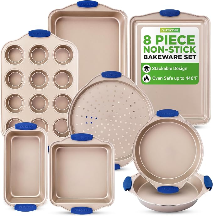 NutriChef 8-Piece Nonstick Bakeware Set - Heavy Duty Carbon Steel Baking Pans w/ Blue Silicone Handles - Pizza Crisper, Muffin & Loaf Pan, Round & Square Pans, Cookie Sheet - Champagne Gold by NutriChef%E2%84%A2Kitchen